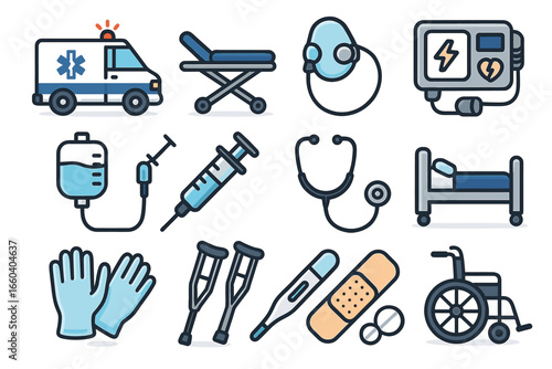 Medical equipment icons set: ambulance, stretcher, syringe, stethoscope, defibrillator