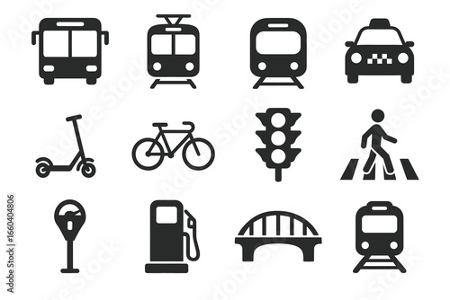 Transportation icons set: bus, tram, taxi, bicycle, scooter, traffic light, crosswalk, bridge, fuel pump