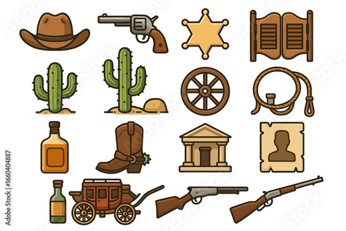 Western icons collection: cowboy hat, revolver, cactus, sheriff badge, wagon wheel, old west