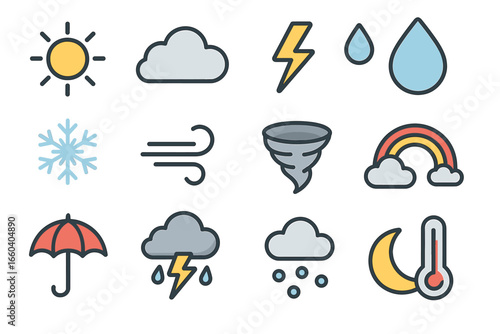 Colorful weather icons: sun, cloud, lightning, rain, snow, wind, tornado, rainbow, umbrella, moon, thermometer