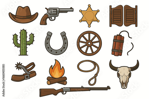 Western icons set: cowboy hat, revolver, cactus, sheriff badge, and more