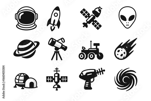 Space exploration icons: astronaut, rocket, telescope, alien, satellite, comet
