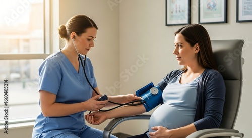 Caring nurse monitors pregnant woman's blood pressure in bright, modern clinic setting