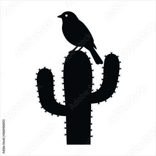 A striking black silhouette captures a bird resting on a saguaro cactus. This image evokes the quiet beauty and resilience of the desert environment.