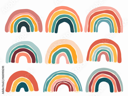 Set of doodles, hand drawn rainbows. Baby stickers, scrapbook icons. Minimal abstract art. Vector