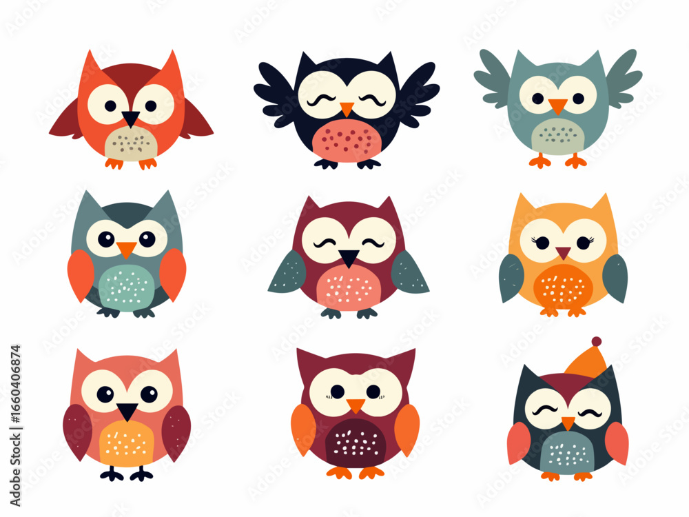Fototapeta premium Set of funny owls, Collection of cute cartoon owls in various bright colors isolated on white background