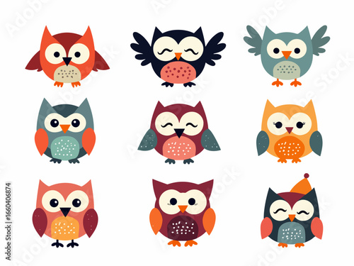 Set of funny owls, Collection of cute cartoon owls in various bright colors isolated on white background