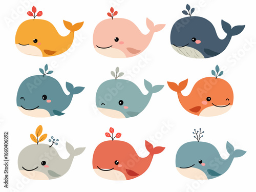 set of funny cartoon animals whale