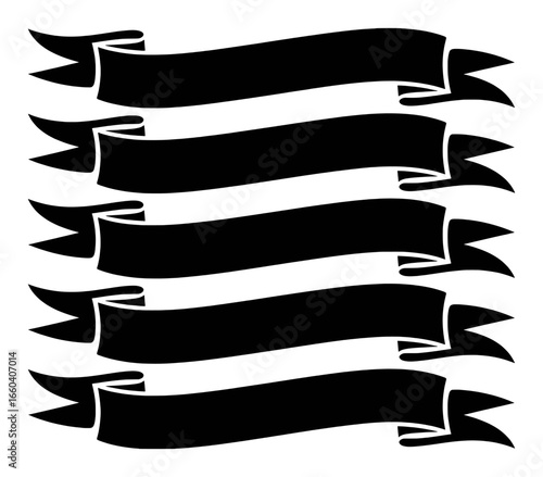 Collection of five black ribbon banners with pointed ends on a white background