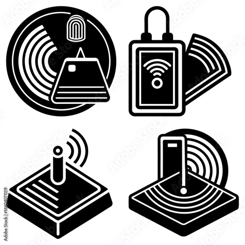 Illustration showing various types of wireless connection and technology devices in black and white style