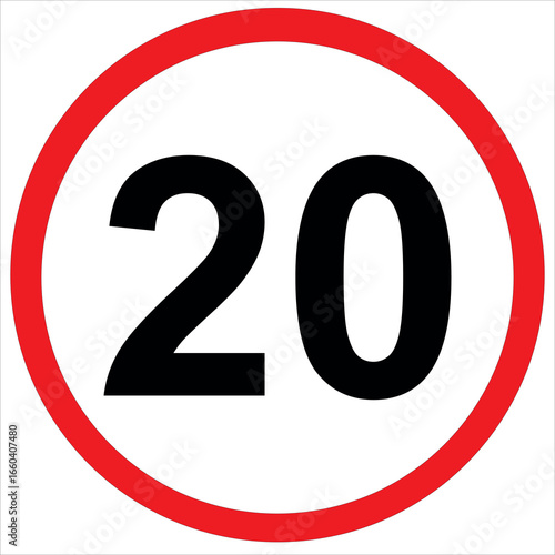 20 km/h Speed Limit Red Circle Road Sign Vector Isloated On White Background