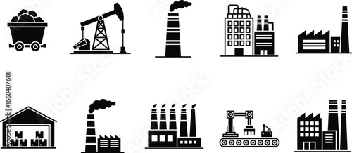 Industrial icon set, mining cart, oil pumpjack, smokestack pollution, factory vector, assembly line, infrastructure, energy, economy, manufacturing