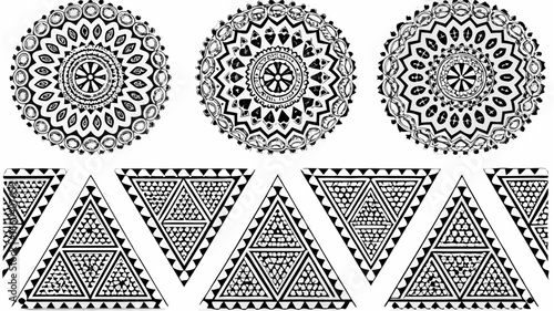 Three circular designs above a row of triangles with intricate patterns in black and white style art |  editable eps vectors silhouette