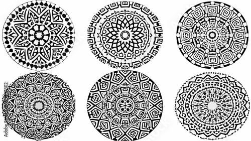 Collection of six intricate black and white mandala designs in an oval arrangement pattern design |  editable eps vectors silhouette