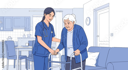 Flat illustration of a nurse assisting an elderly patient with a walker at home, symbolizing senior healthcare, rehabilitation, mobility support, and compassionate caregiving