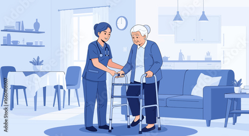 Flat illustration of a nurse assisting an elderly patient with a walker at home, symbolizing senior healthcare, rehabilitation, mobility support, and compassionate caregiving