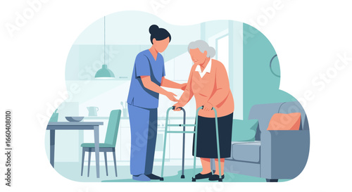 Flat illustration of a nurse assisting an elderly patient with a walker at home, symbolizing senior healthcare, rehabilitation, mobility support, and compassionate caregiving