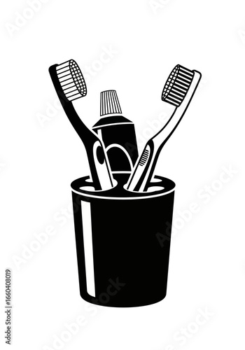 Black and white illustration of toothbrushes and toothpaste in a cup, representing oral hygiene.