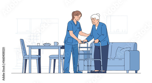 Flat illustration of a nurse assisting an elderly patient with a walker at home, symbolizing senior healthcare, rehabilitation, mobility support, and compassionate caregiving