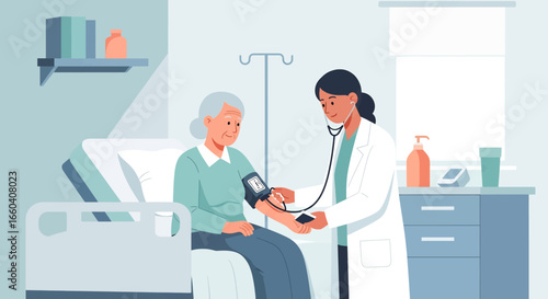Flat illustration of a doctor checking blood pressure of an elderly woman in a medical office, symbolizing senior healthcare, prevention, and professional medical support