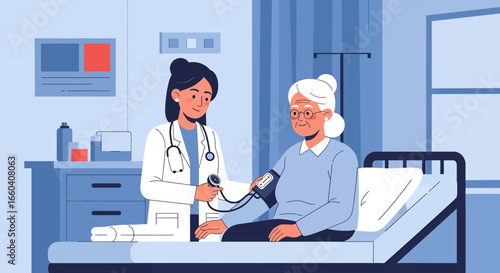 Flat illustration of a doctor checking blood pressure of an elderly woman in a medical office, symbolizing senior healthcare, prevention, and professional medical support