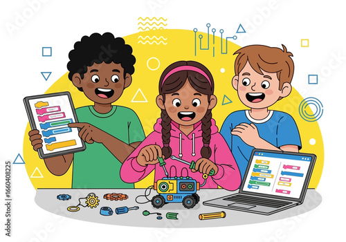 Team of diverse children learning engineering and programming, a creative STEM education concept for future innovation and skills.