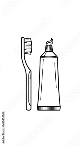 Simple black and white illustration of a toothbrush and toothpaste tube.