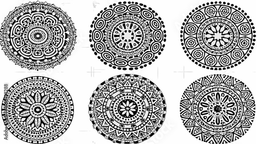 Collection of six black and white circular mandala designs with varying intricate patterns and details |  editable eps vectors silhouette