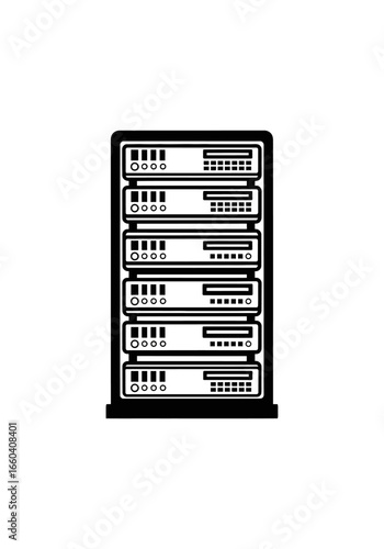 A black and white vector icon of a computer server rack with multiple stacked hardware units for data processing and storage.
