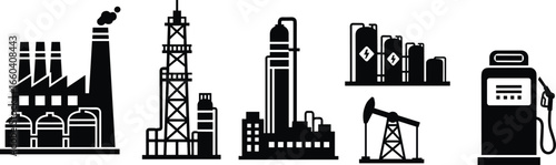 Oil and gas icon set, refinery vector, pumpjack illustration, factory infrastructure, energy production, fuel distribution, industry, economy, extraction, processing