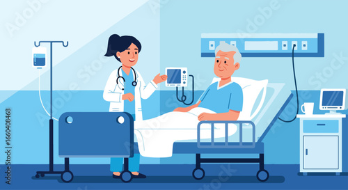 Flat illustration of a female doctor caring for an elderly woman in a hospital bed, representing senior healthcare, compassion, recovery, and supportive medical assistance.