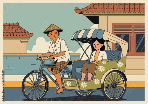 Illustration of a rickshaw ride featuring a driver and a passenger, captured in a vintage style.