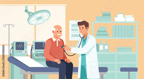 Flat illustration of a doctor using a stethoscope to examine an elderly patient in a medical office, symbolizing senior healthcare, diagnosis, and professional medical support