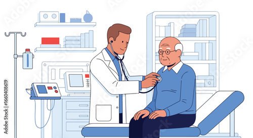 Flat illustration of a doctor using a stethoscope to examine an elderly patient in a medical office, symbolizing senior healthcare, diagnosis, and professional medical support