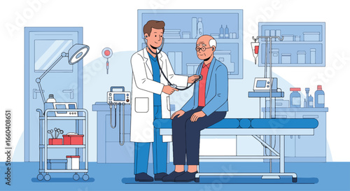 Flat illustration of a doctor using a stethoscope to examine an elderly patient in a medical office, symbolizing senior healthcare, diagnosis, and professional medical support