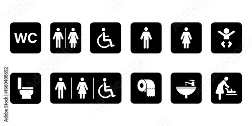 WC icon set. Restroom signs with man, woman, and handicapped symbols. Male and female toilet silhouettes collection