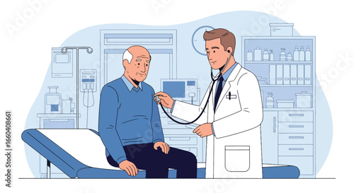 Flat illustration of a doctor using a stethoscope to examine an elderly patient in a medical office, symbolizing senior healthcare, diagnosis, and professional medical support