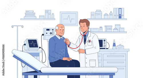 Flat illustration of a doctor using a stethoscope to examine an elderly patient in a medical office, symbolizing senior healthcare, diagnosis, and professional medical support