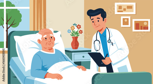 Flat illustration of a smiling doctor talking with an elderly patient in a hospital bed, representing senior healthcare, medical support, and positive patient recovery experience