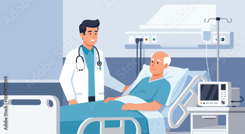 Flat illustration of a smiling doctor talking with an elderly patient in a hospital bed, representing senior healthcare, medical support, and positive patient recovery experience