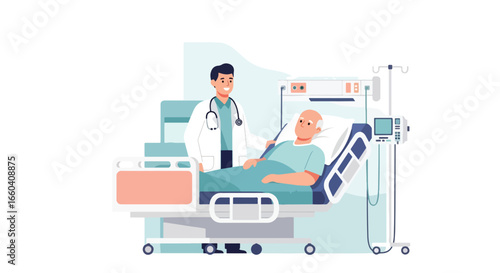 Flat illustration of a smiling doctor talking with an elderly patient in a hospital bed, representing senior healthcare, medical support, and positive patient recovery experience