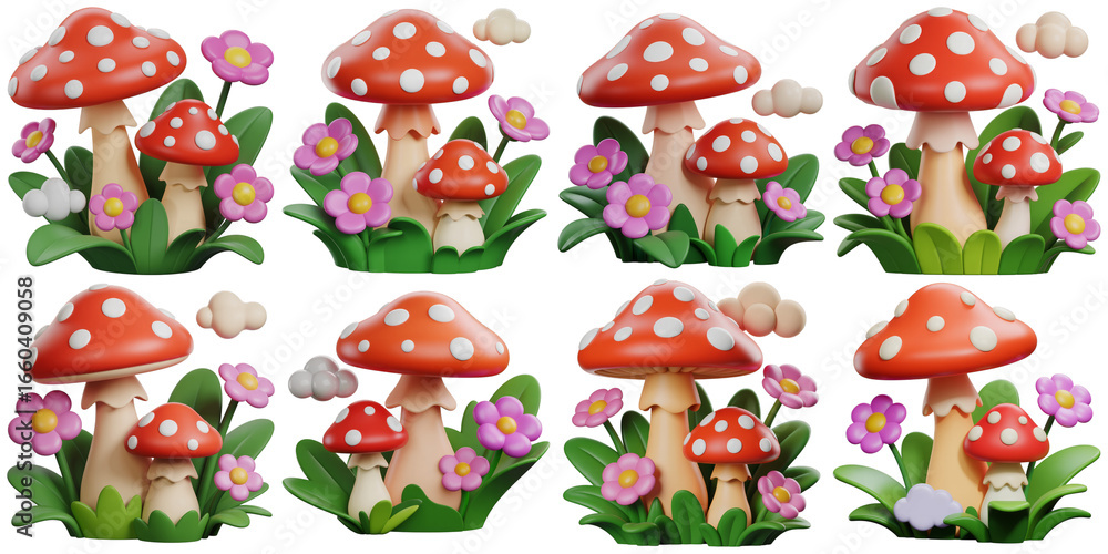 Fototapeta premium Red White Spotted Mushrooms Pink Flowers isolated on a transparent background spots
