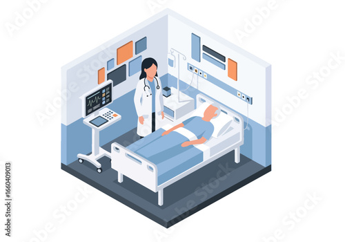 Isometric illustration of a doctor providing healthcare support to an elderly patient in a hospital bed, highlighting medical care, wellness, and professional assistance for seniors