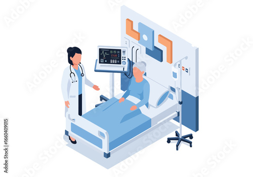 Isometric illustration of a doctor providing healthcare support to an elderly patient in a hospital bed, highlighting medical care, wellness, and professional assistance for seniors
