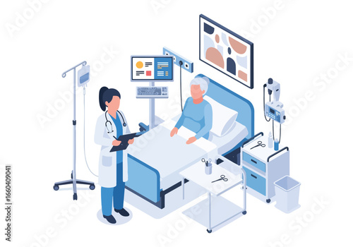 Isometric illustration of a doctor providing healthcare support to an elderly patient in a hospital bed, highlighting medical care, wellness, and professional assistance for seniors