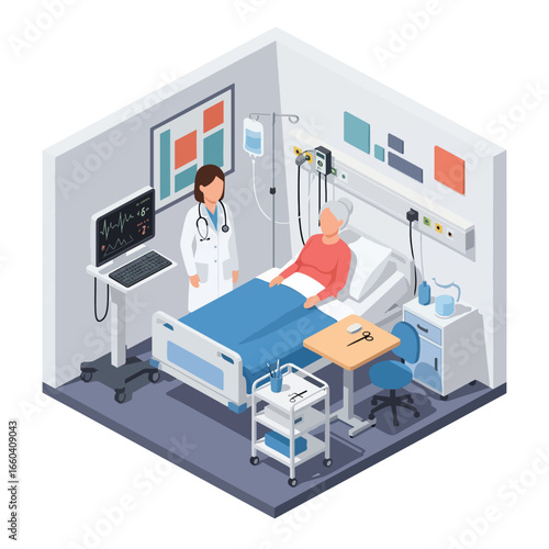 Isometric illustration of a doctor providing healthcare support to an elderly patient in a hospital bed, highlighting medical care, wellness, and professional assistance for seniors
