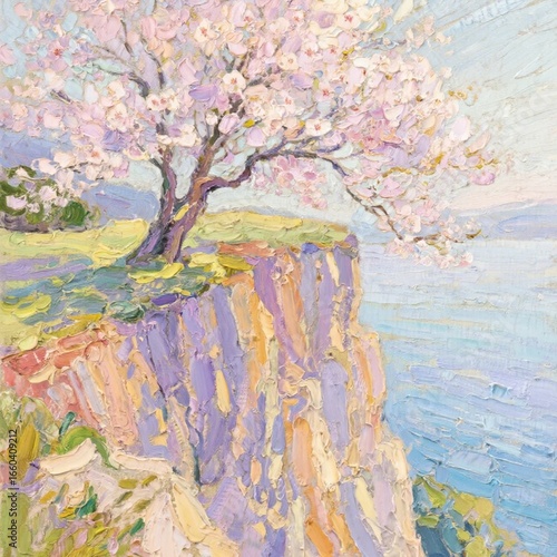 cherry blossom tree oil painting, impasto technique