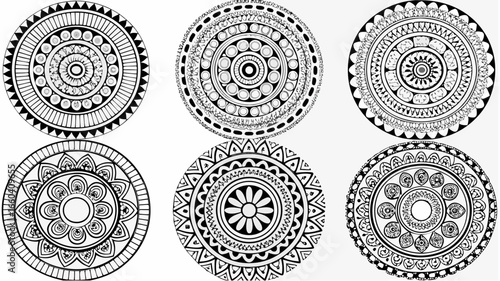 Collection of six black and white mandala designs with intricate patterns and circular symmetry style art |  editable eps vectors silhouette