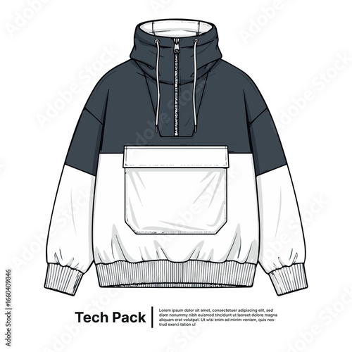 Fashion Tech Pack Jacket Illustration with Pockets and High Neck