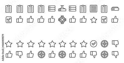 Collection of Line Icons: Checklists, Thumbs Up/Down, Stars, Servers, Projectors, and Targets